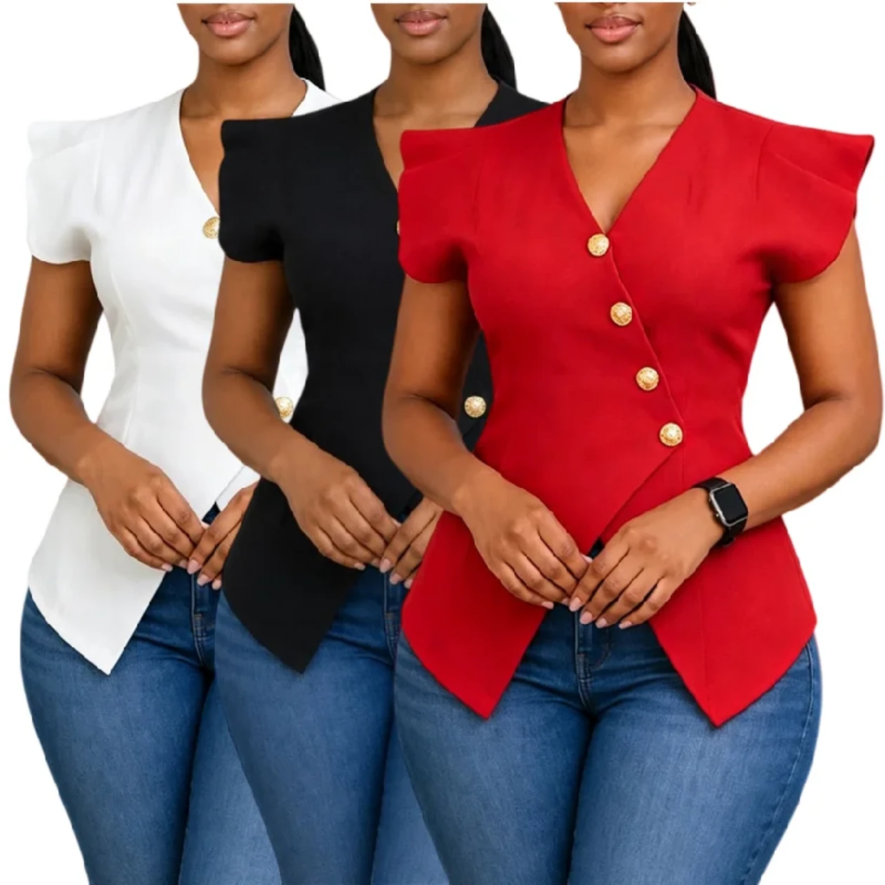 Women's V-Neck Button Blouse Top