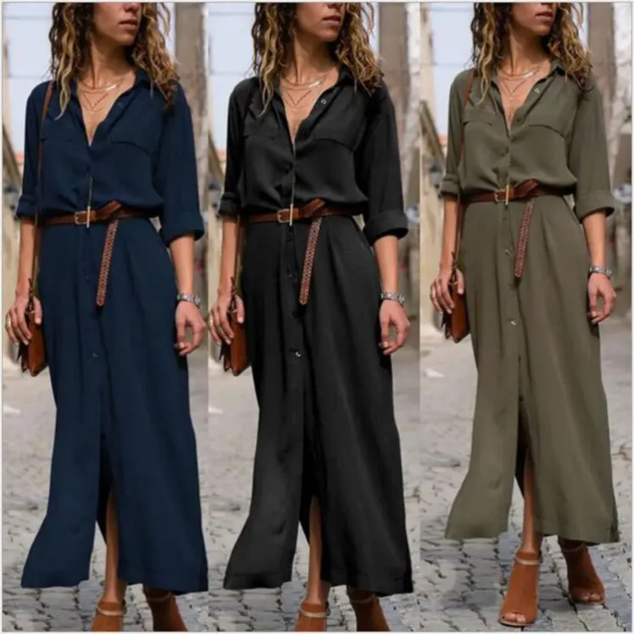 Women's Long Sleeve Button-Up Maxi Dress
