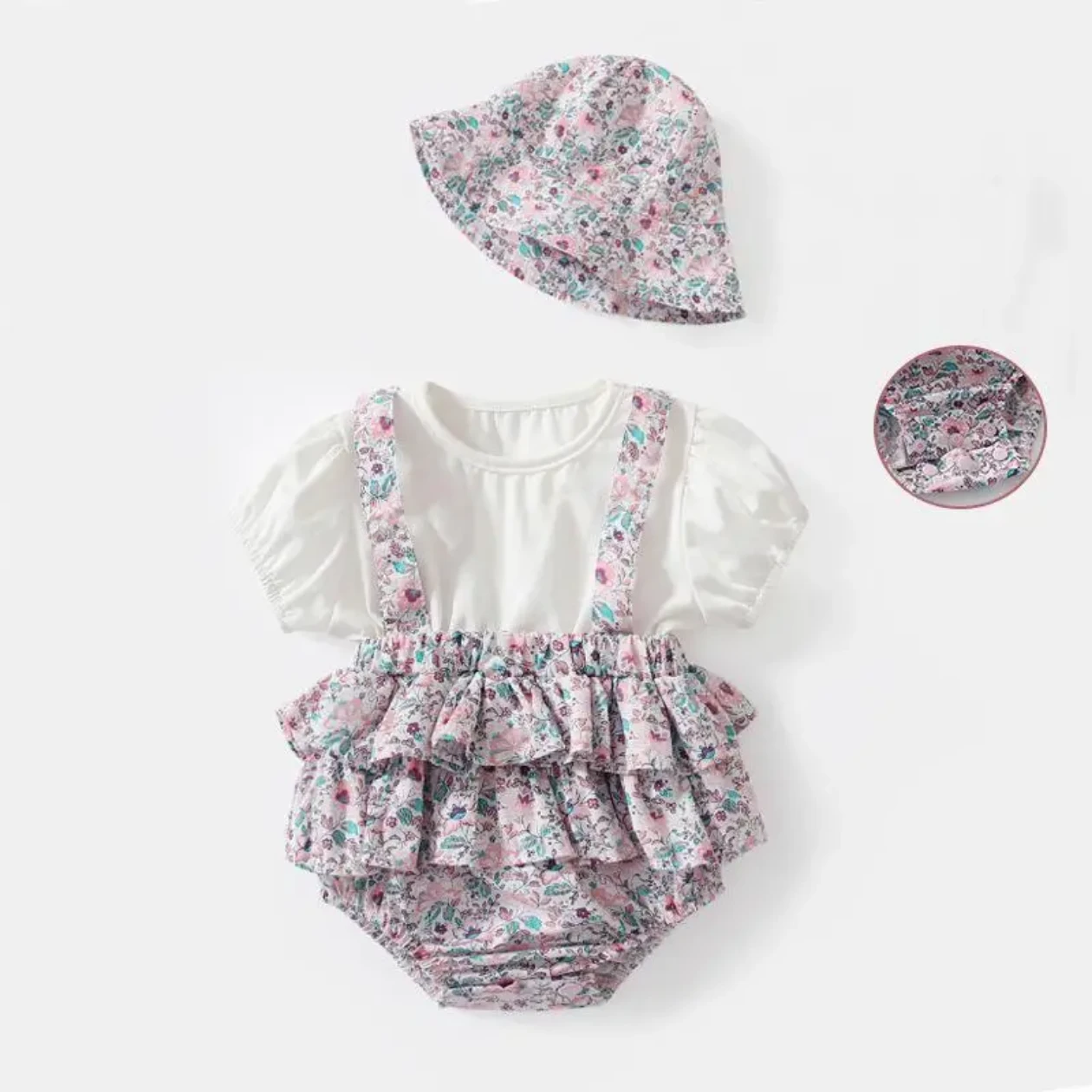 Baby Floral Romper with Matching Hat Set
