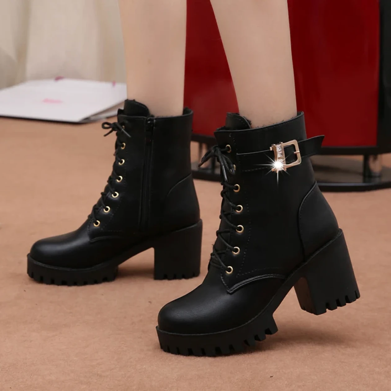 Women's Lace-Up Ankle Boots with Chunky Heel