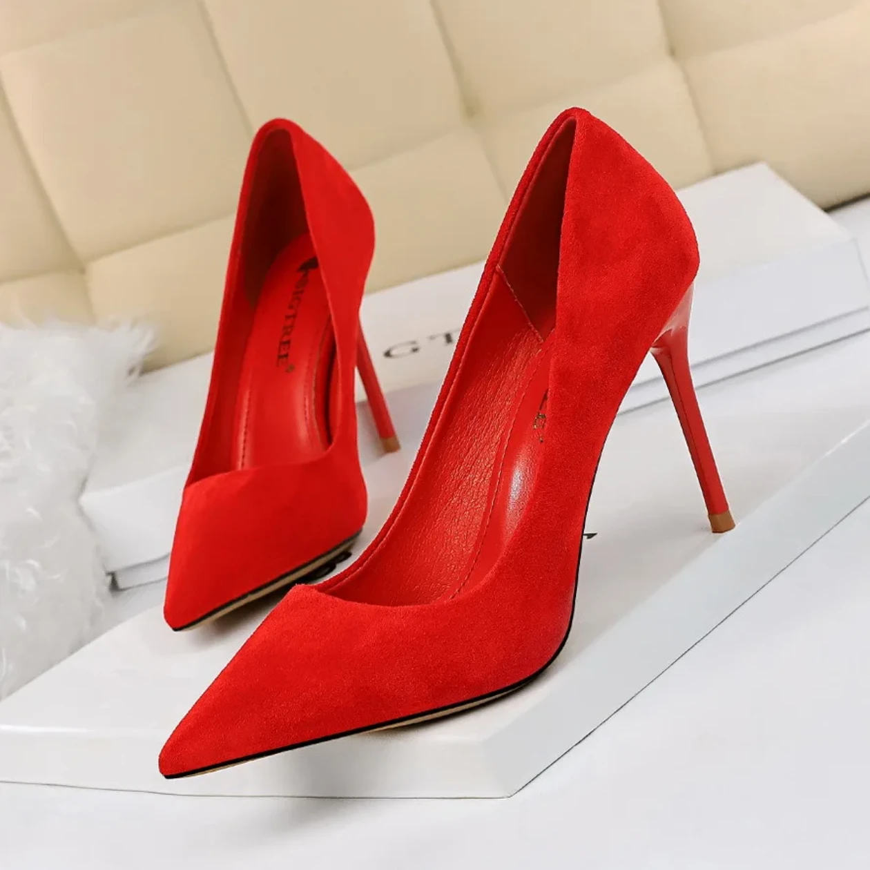 Red Suede Pointed Toe High Heels