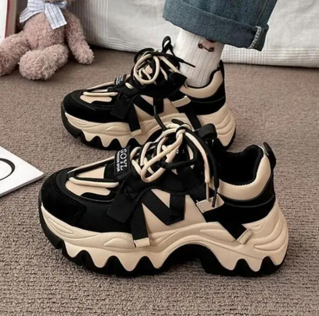 Chunky Black and Beige Platform Sneakers