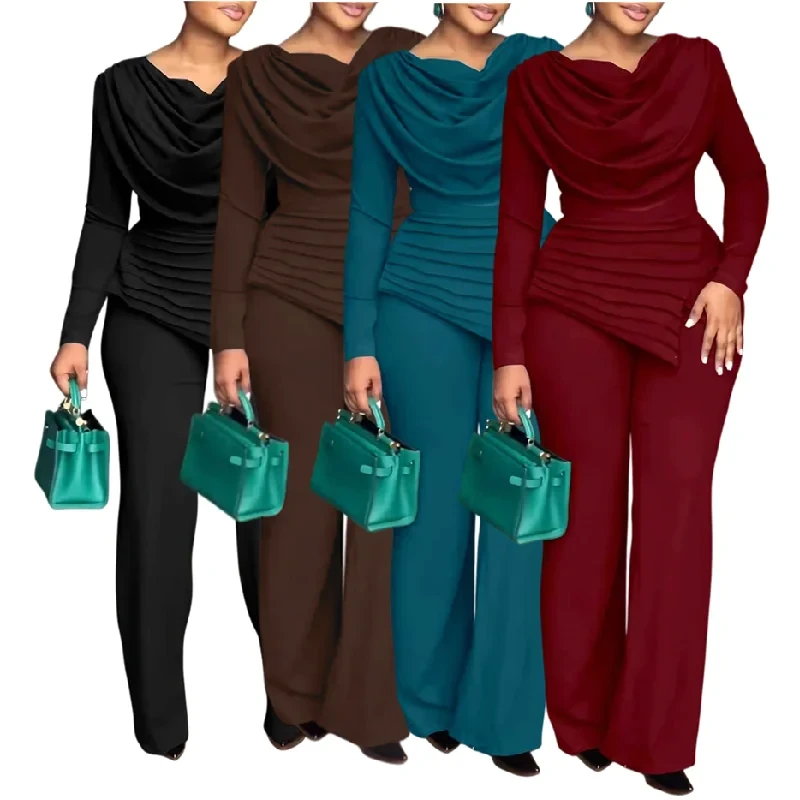 Women's Long Sleeve Ruched Pant Suit Set